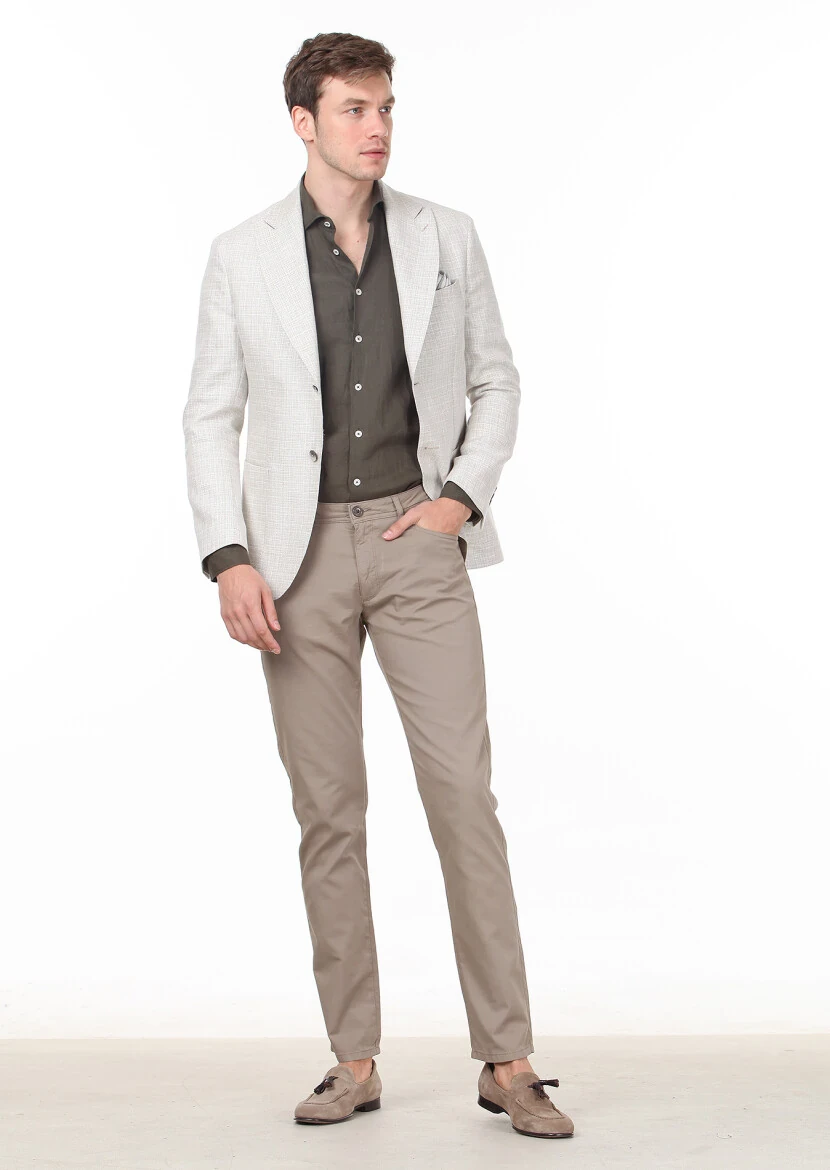 Ekru Düz Zeroweight Slim Fit Pamuk Karışımlı Ceket - 3