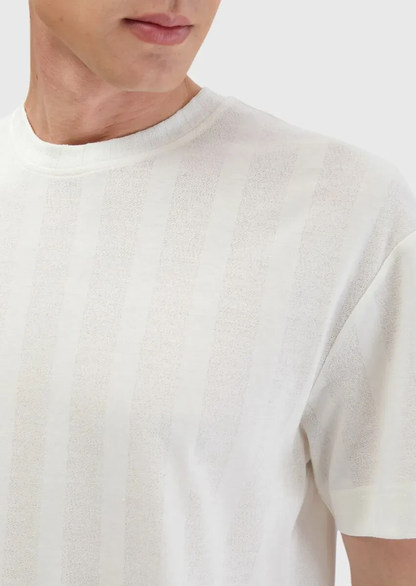 Ekru Jakarlı Bisiklet Yaka %100 Pamuk T-Shirt - 5