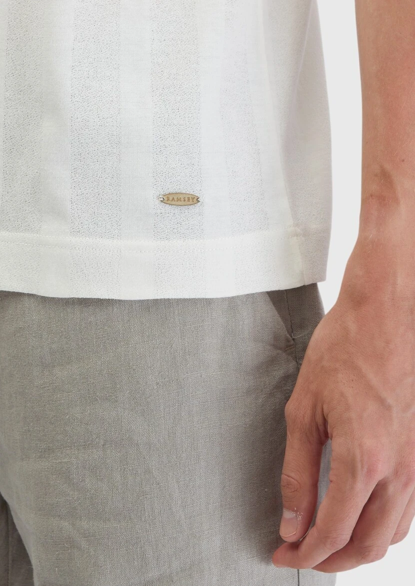 Ekru Jakarlı Bisiklet Yaka %100 Pamuk T-Shirt - 6