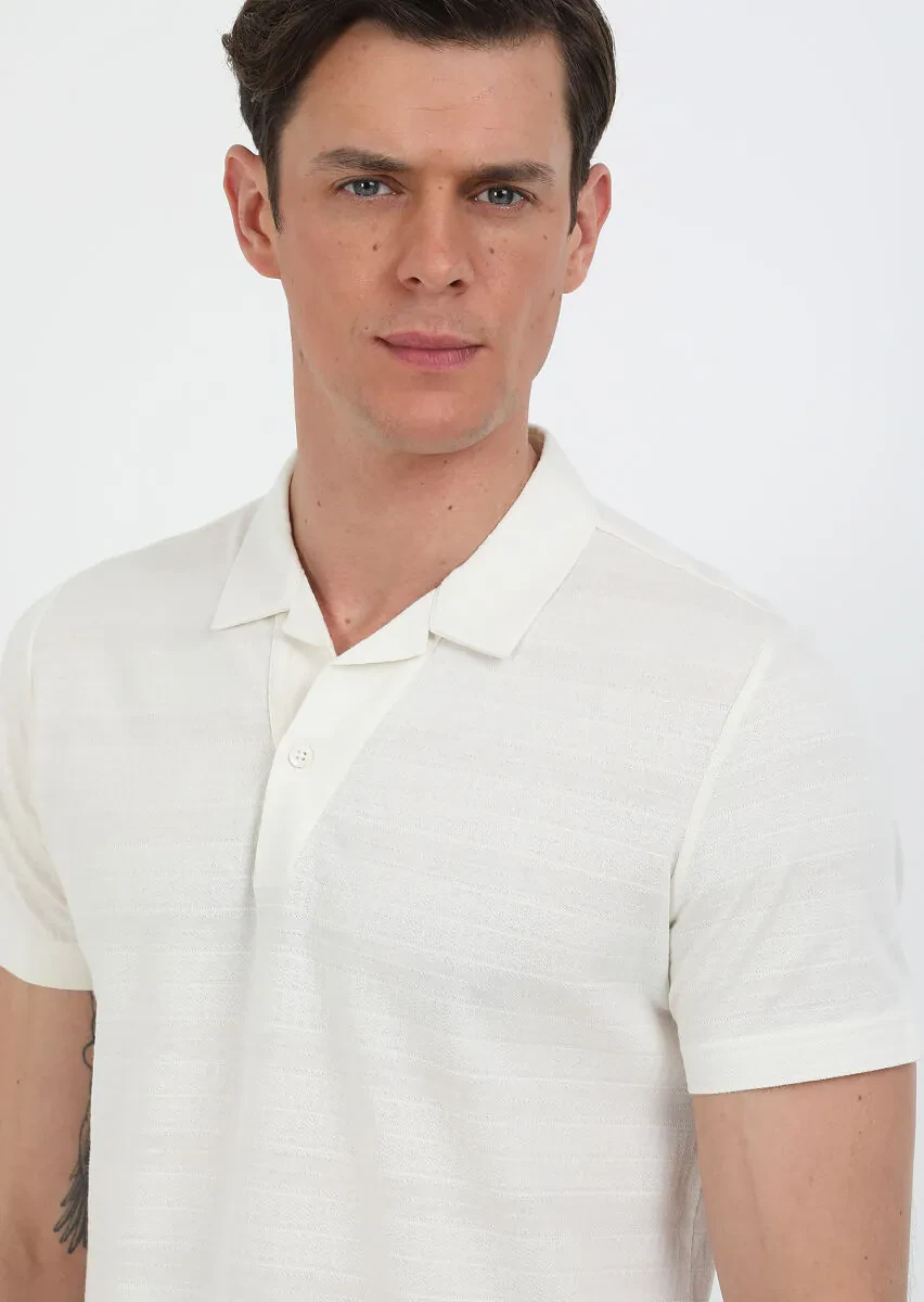 Ekru Jakarlı Küba Yaka %100 Pamuk T-Shirt - 1