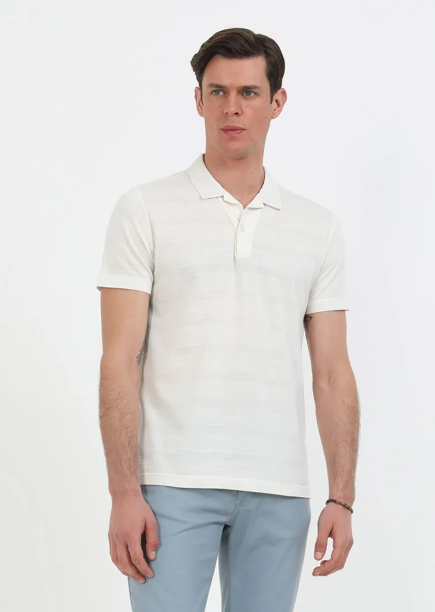 Ekru Jakarlı Küba Yaka %100 Pamuk T-Shirt - 3