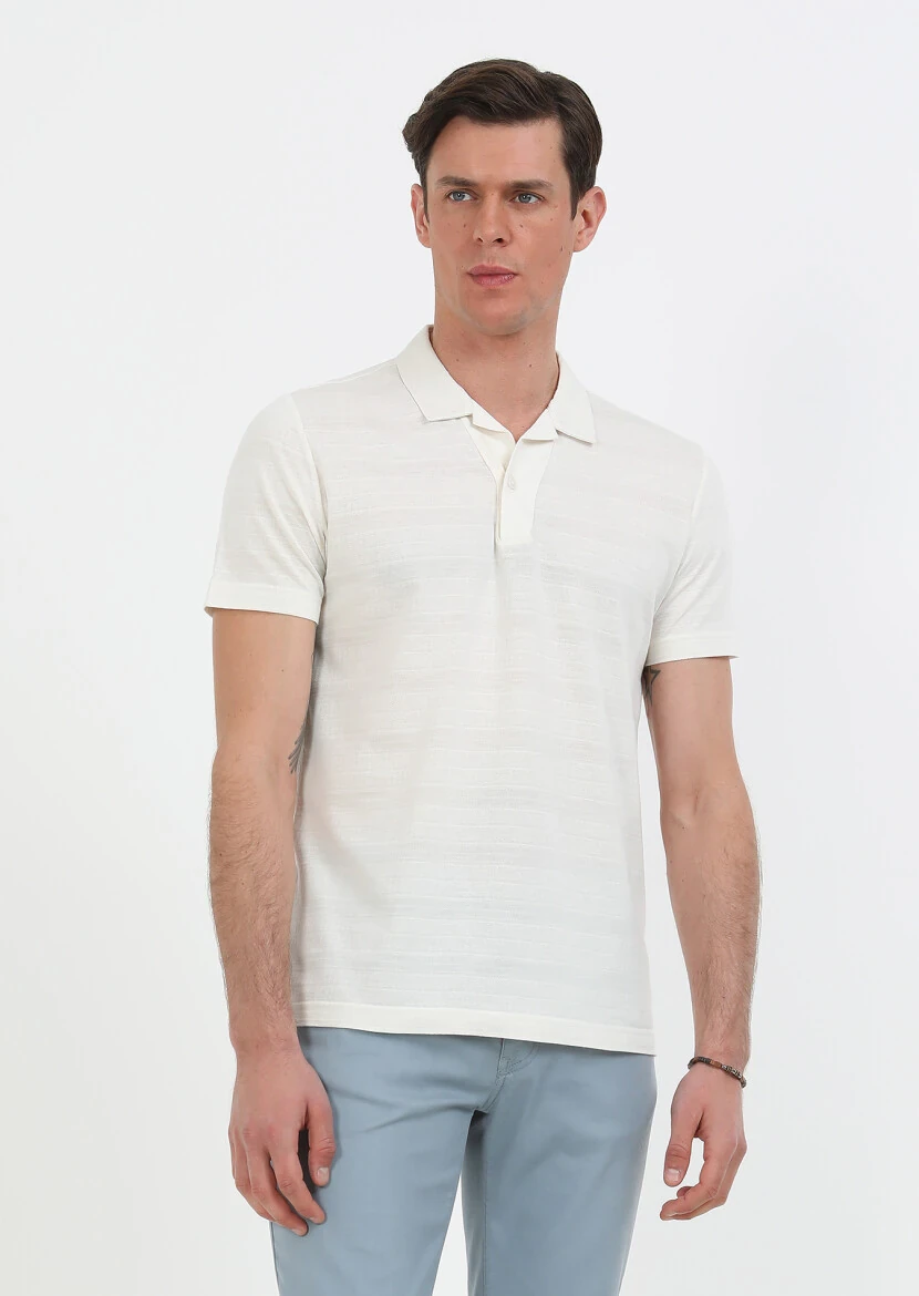 Ekru Jakarlı Küba Yaka %100 Pamuk T-Shirt - 4