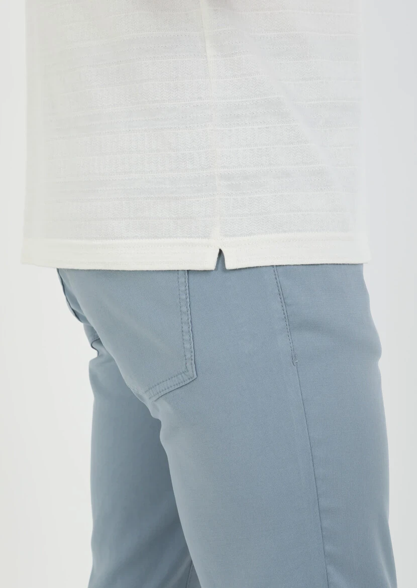 Ekru Jakarlı Küba Yaka %100 Pamuk T-Shirt - 5