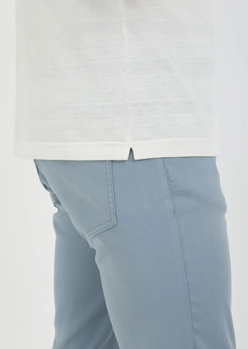 Ekru Jakarlı Küba Yaka %100 Pamuk T-Shirt - 5