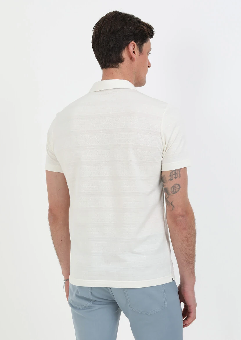 Ekru Jakarlı Küba Yaka %100 Pamuk T-Shirt - 7