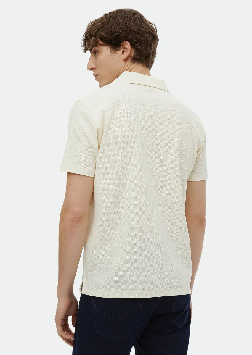 Ekru Jakarlı Küba Yaka %100 Pamuk T-Shirt - 4