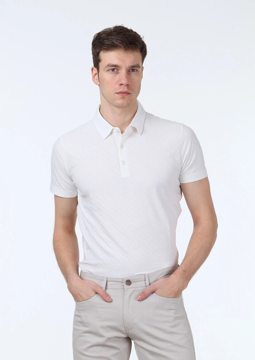 Ekru Jakarlı Polo Yaka %100 Pamuk T-Shirt - 1