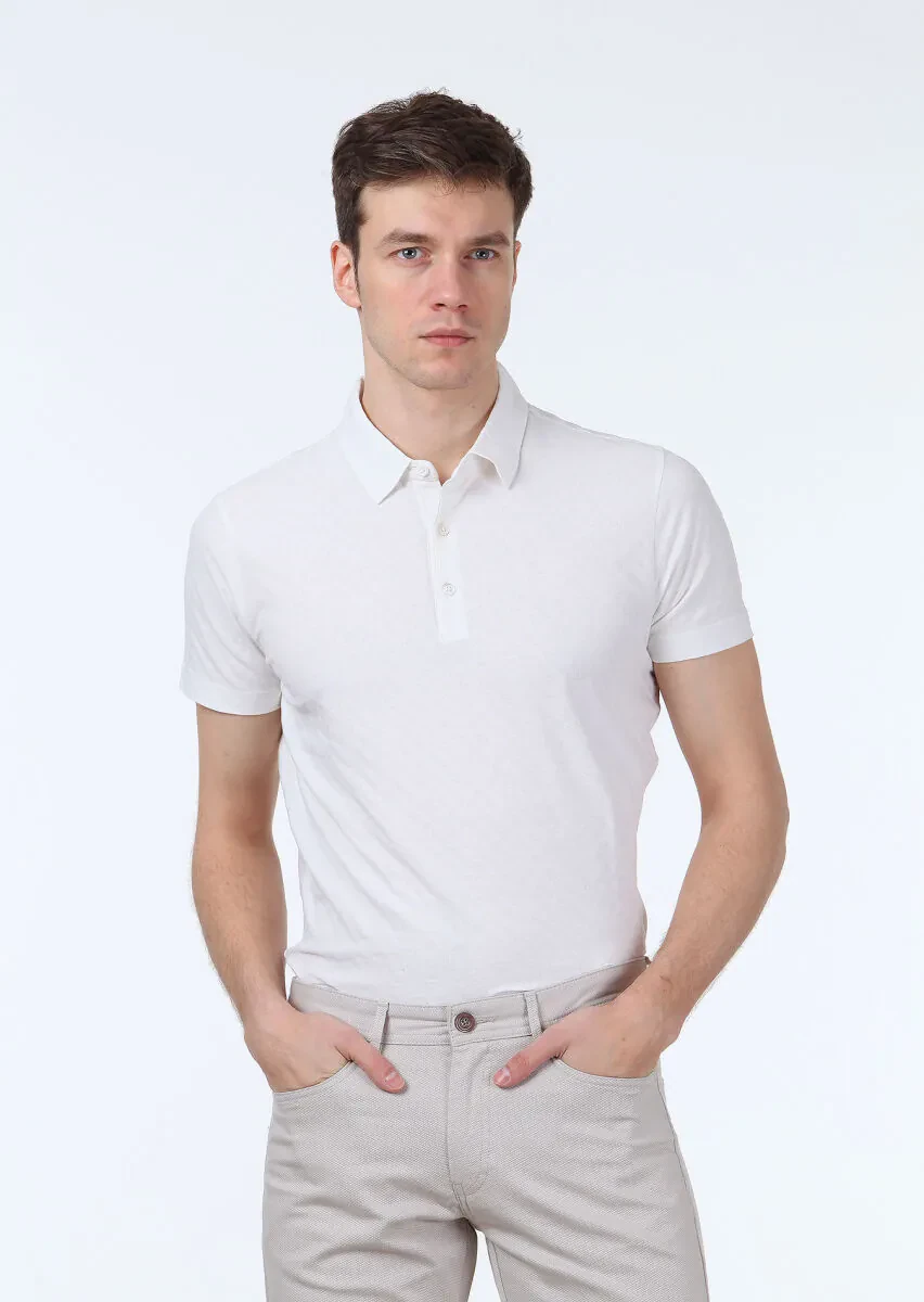 Ekru Jakarlı Polo Yaka %100 Pamuk T-Shirt - 1