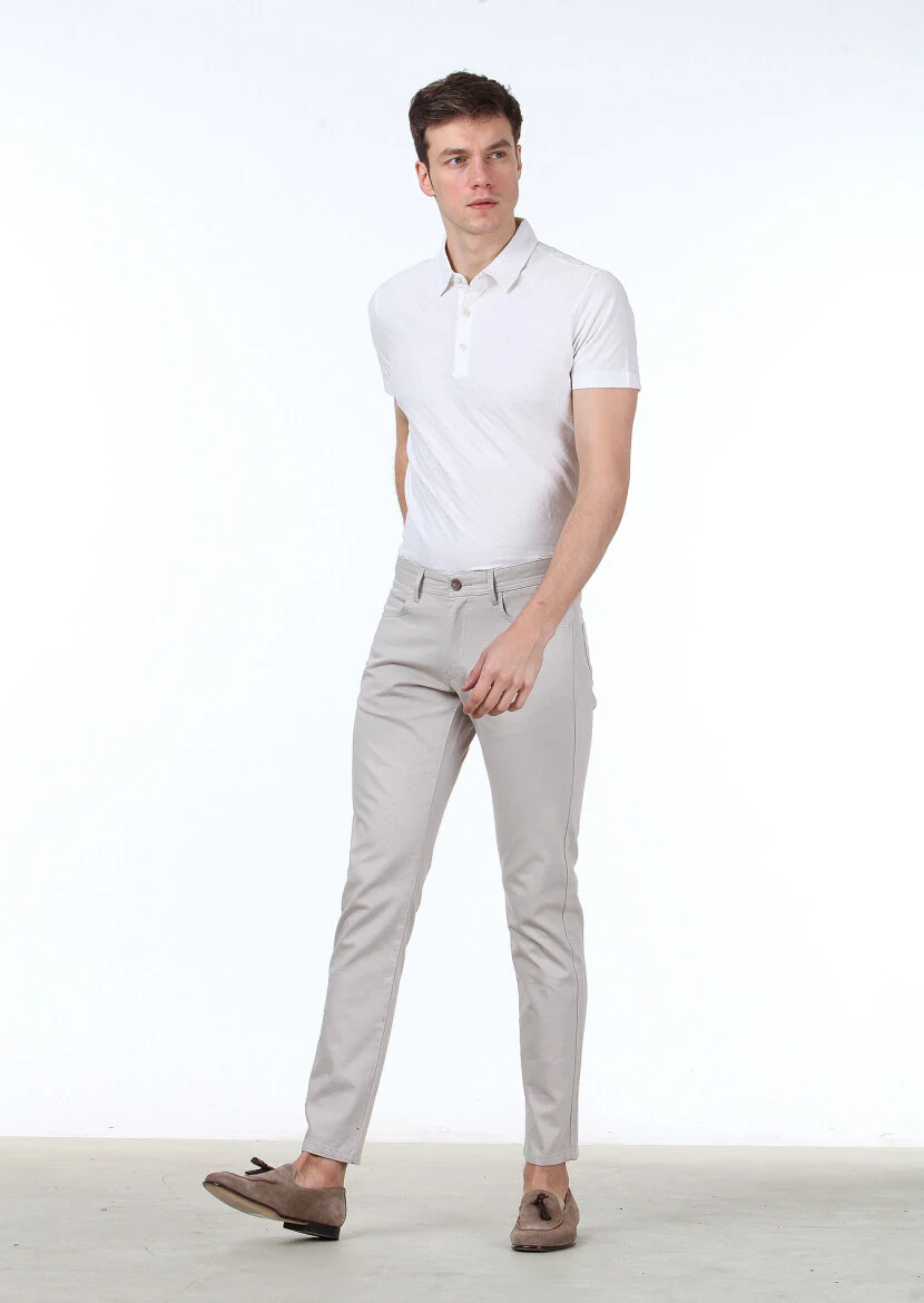 Ekru Jakarlı Polo Yaka %100 Pamuk T-Shirt - 2