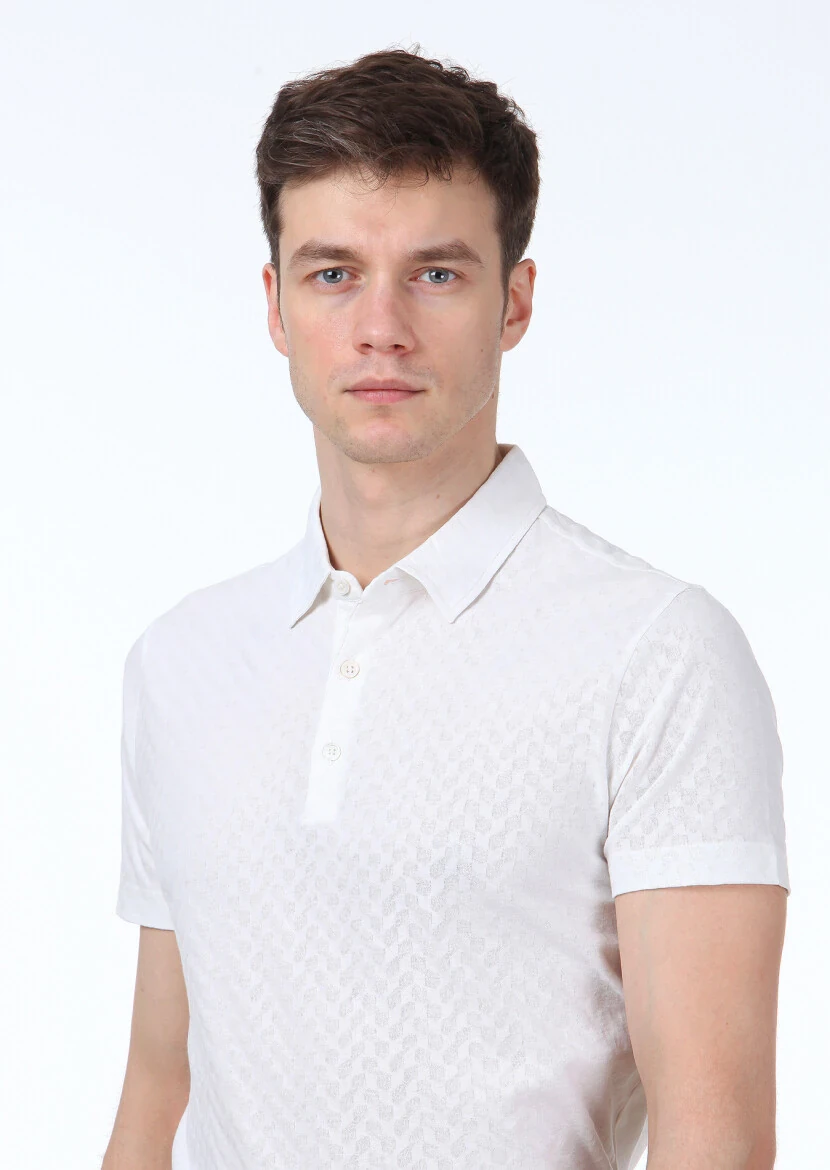 Ekru Jakarlı Polo Yaka %100 Pamuk T-Shirt - 3
