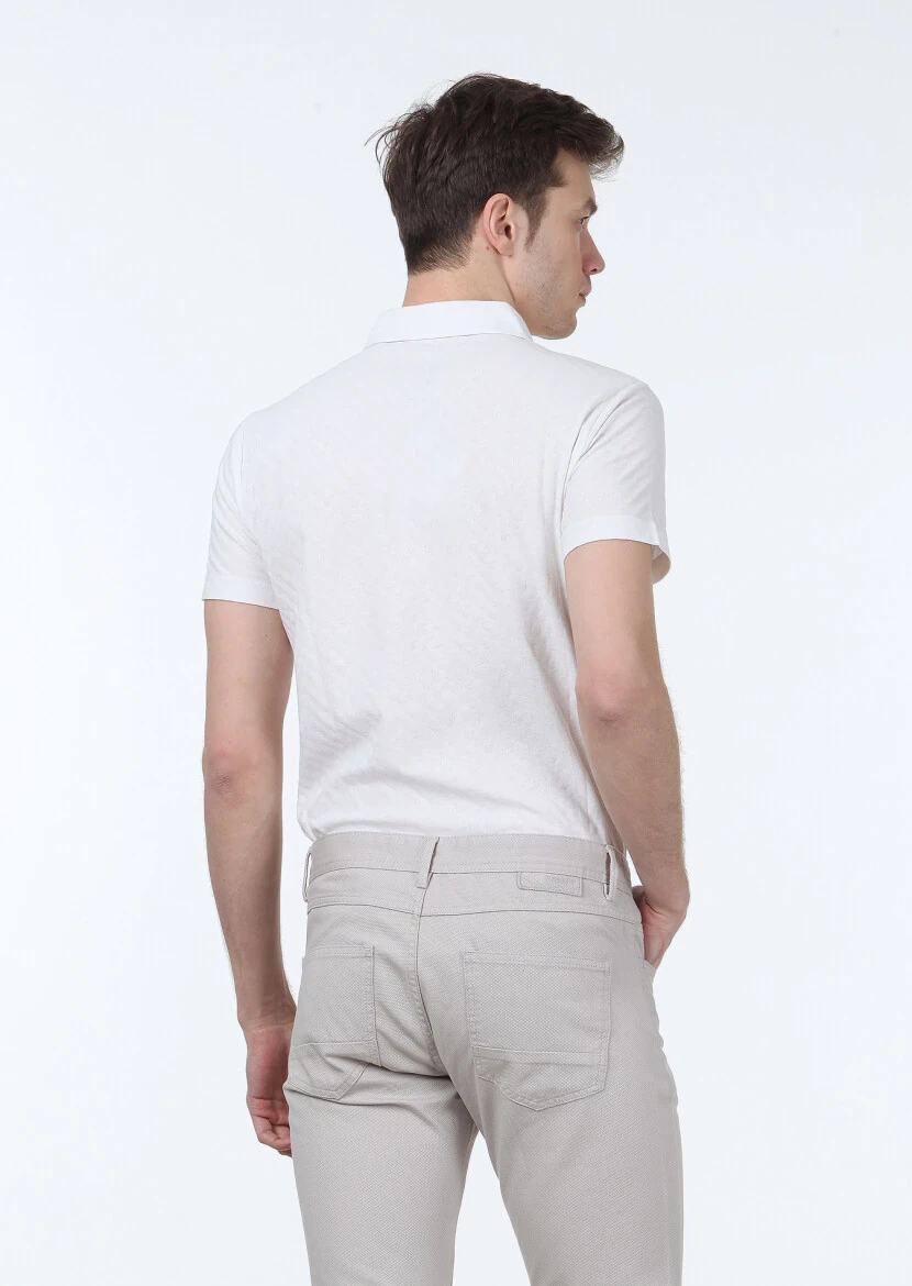 Ekru Jakarlı Polo Yaka %100 Pamuk T-Shirt - 4