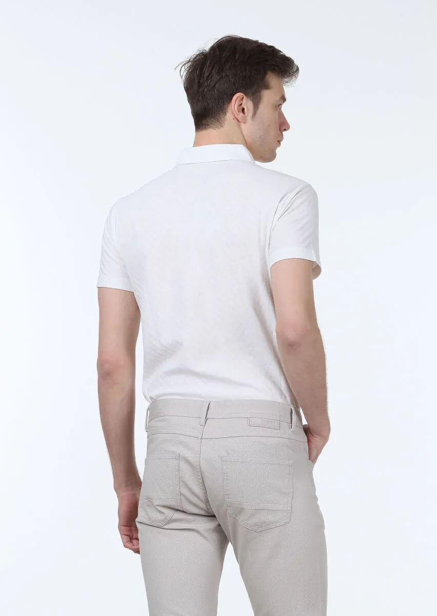 Ekru Jakarlı Polo Yaka %100 Pamuk T-Shirt - 4