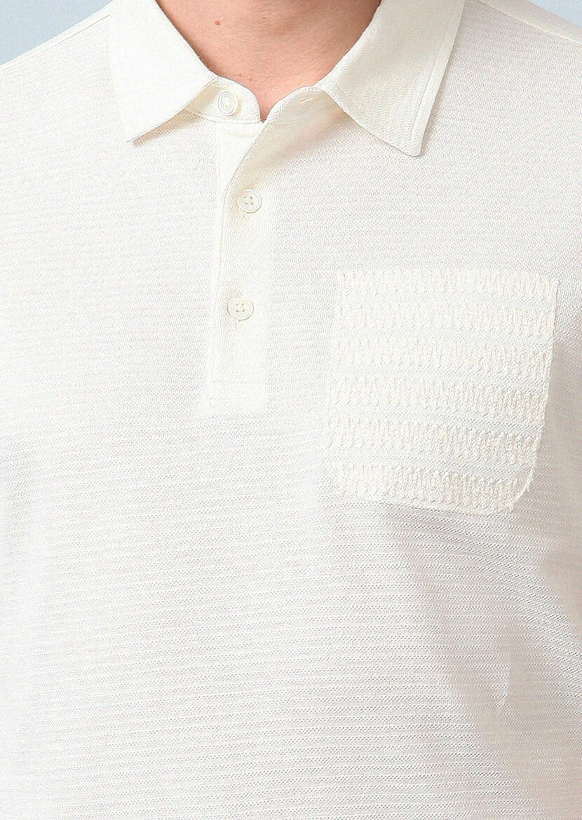 Ekru Jakarlı Polo Yaka %100 Pamuk T-Shirt - 3