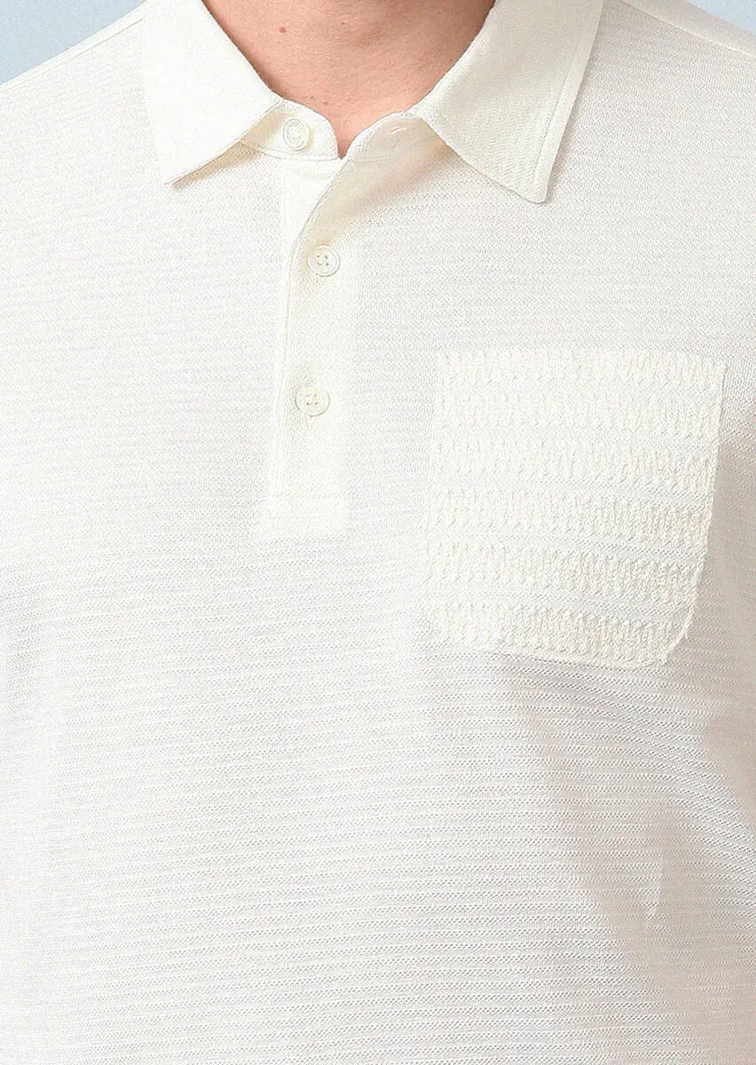 Ekru Jakarlı Polo Yaka %100 Pamuk T-Shirt - 3