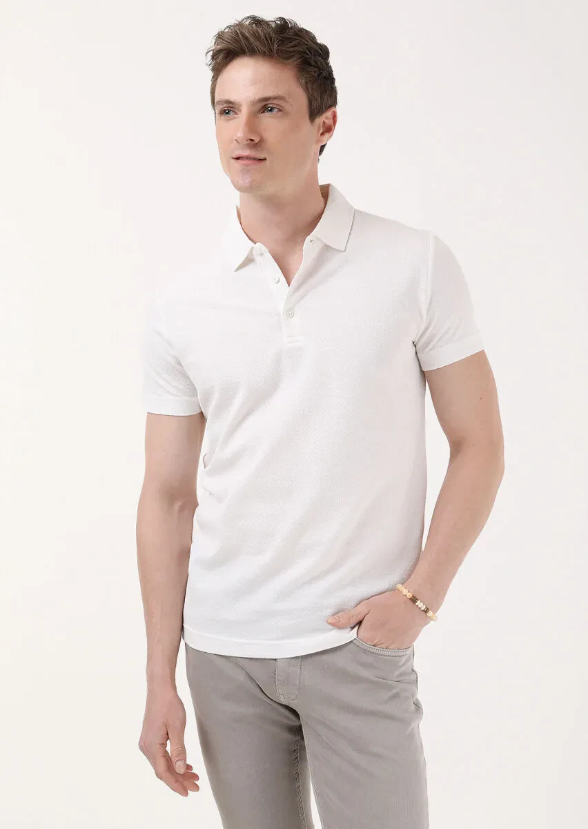 Ekru Jakarlı Polo Yaka %100 Pamuk T-Shirt - 1