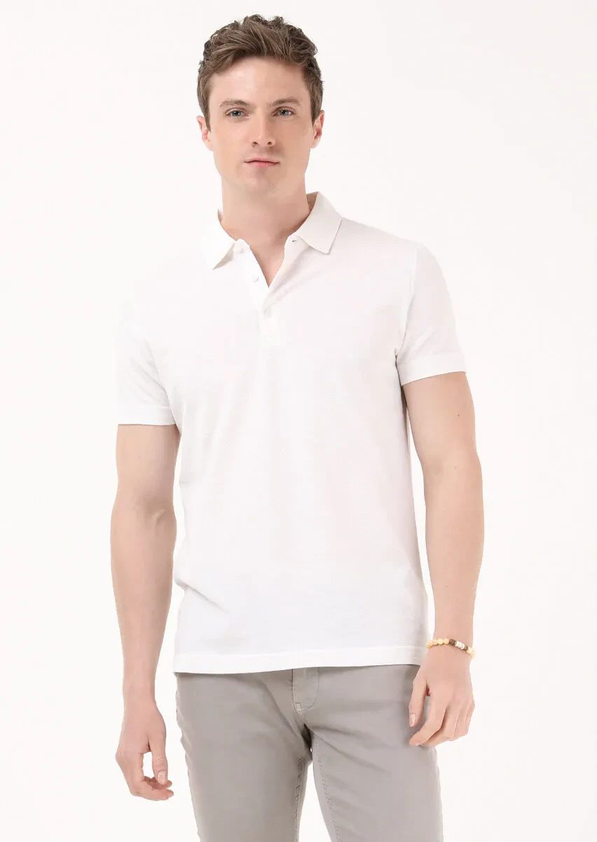Ekru Jakarlı Polo Yaka %100 Pamuk T-Shirt - 2