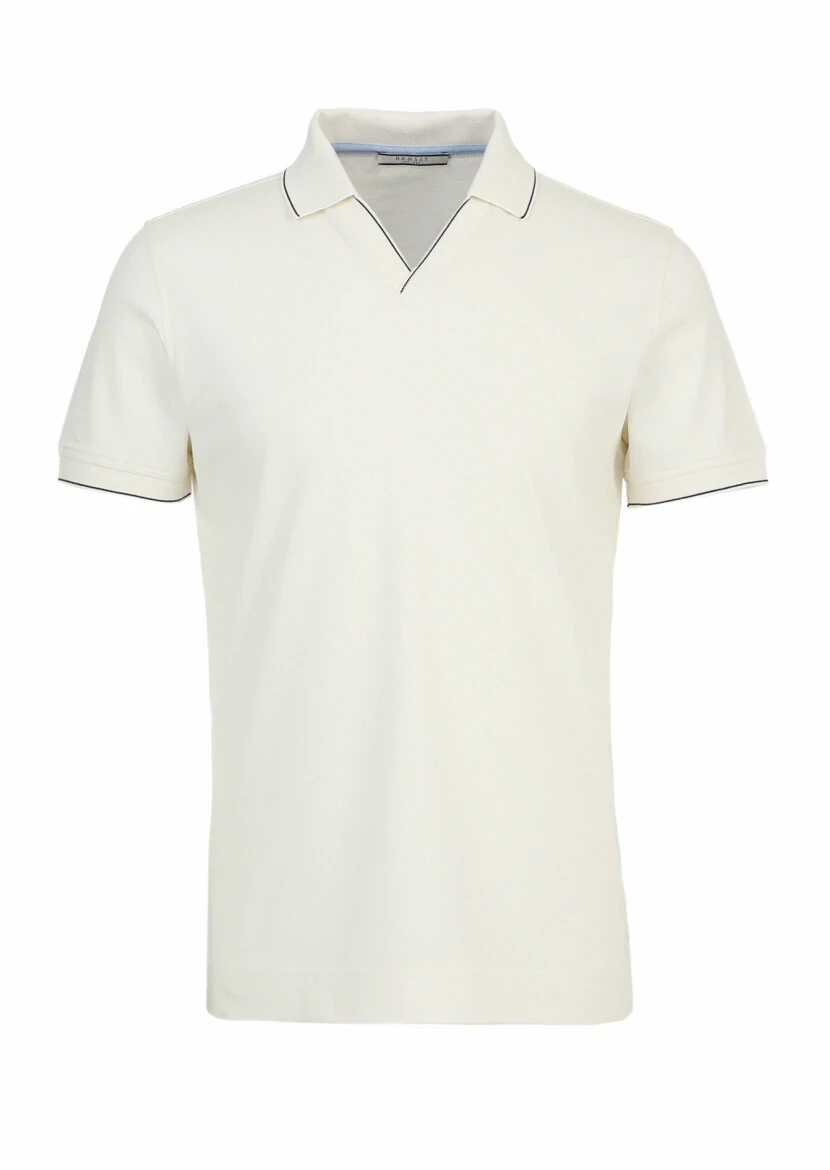 Ekru Jakarlı Polo Yaka %100 Pamuk T-Shirt - 7