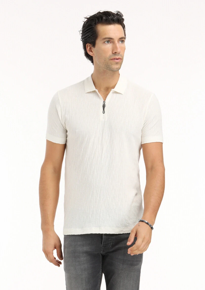 Ekru Jakarlı Polo Yaka %100 Pamuk T-Shirt - 3