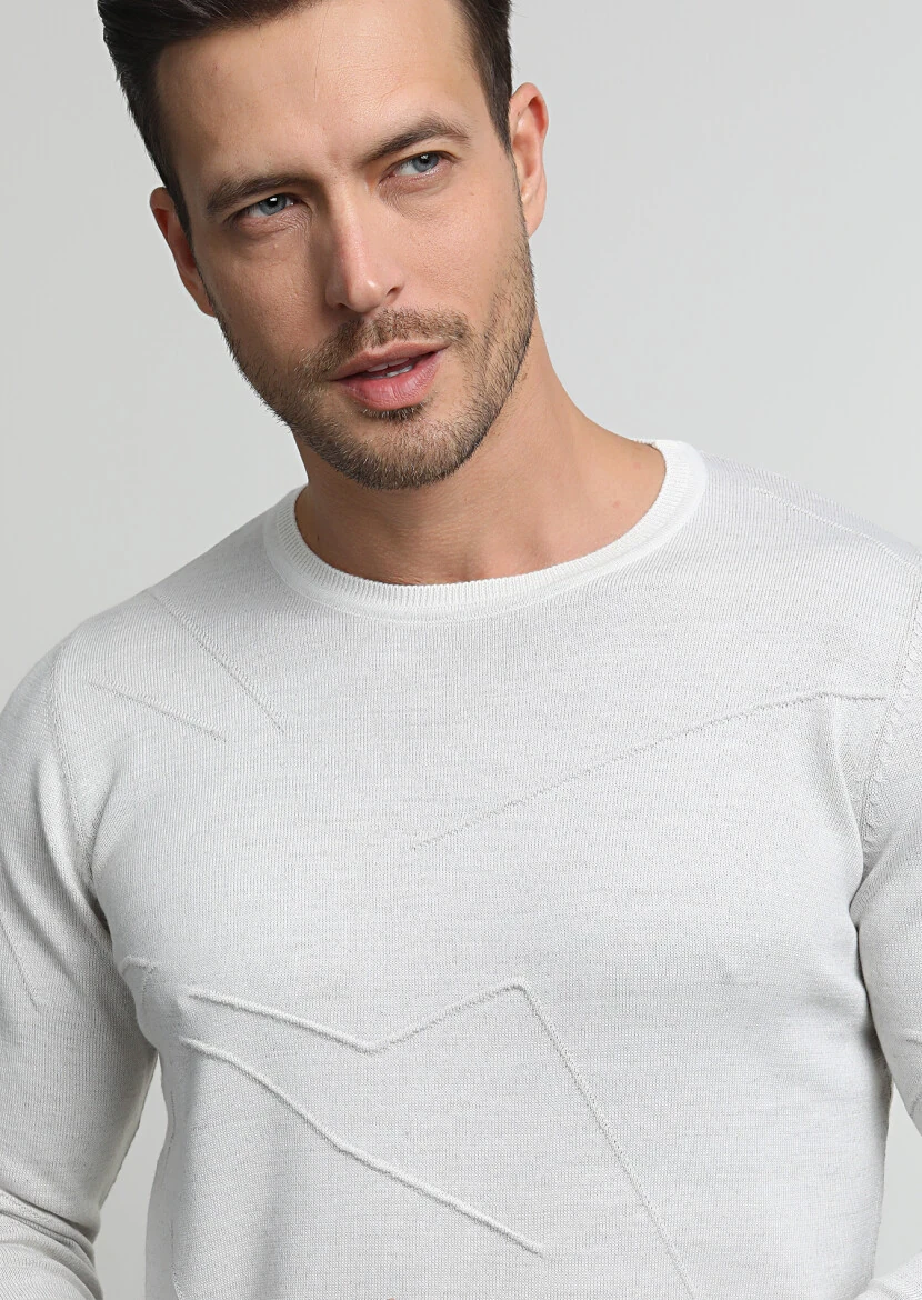 Ekru Jakarlı Yün Karışımlı Triko Kazak - 1