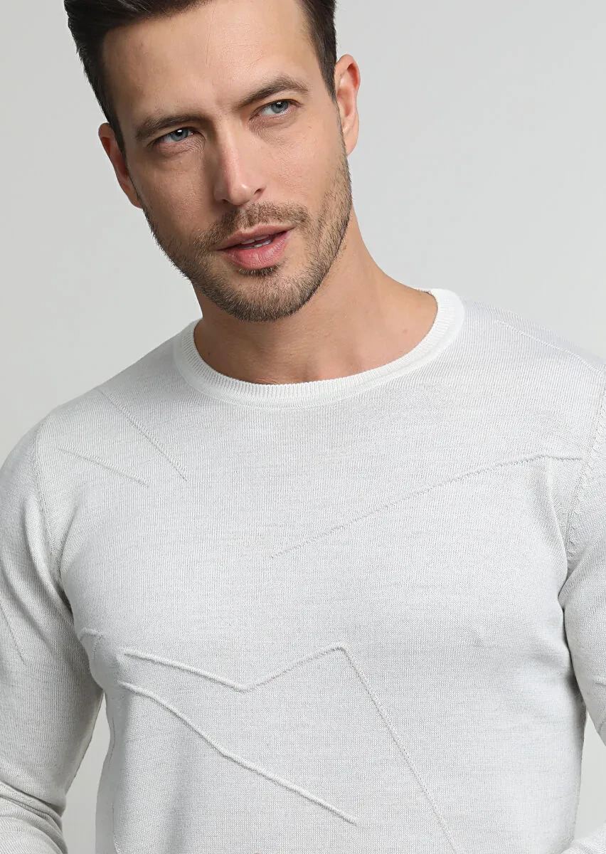 Ekru Jakarlı Yün Karışımlı Triko Kazak - 1