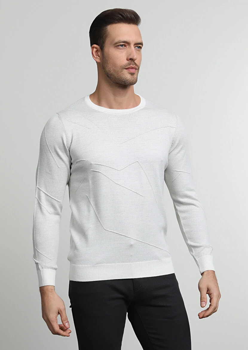 Ekru Jakarlı Yün Karışımlı Triko Kazak - 3