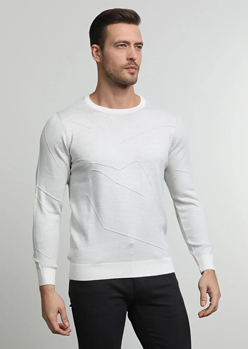 Ekru Jakarlı Yün Karışımlı Triko Kazak - 3