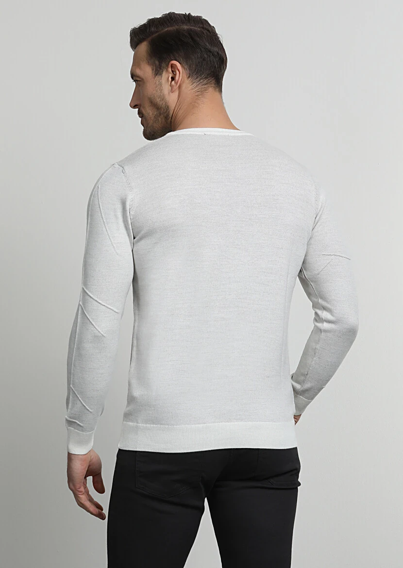 Ekru Jakarlı Yün Karışımlı Triko Kazak - 4