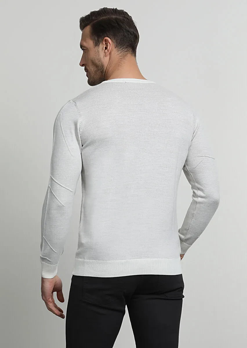 Ekru Jakarlı Yün Karışımlı Triko Kazak - 4