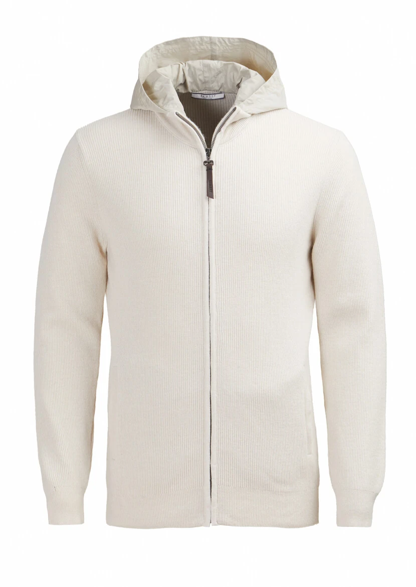 Ekru Kapüşonlu Düz Örgü Yün Karışımlı Hırka - RAMSEY