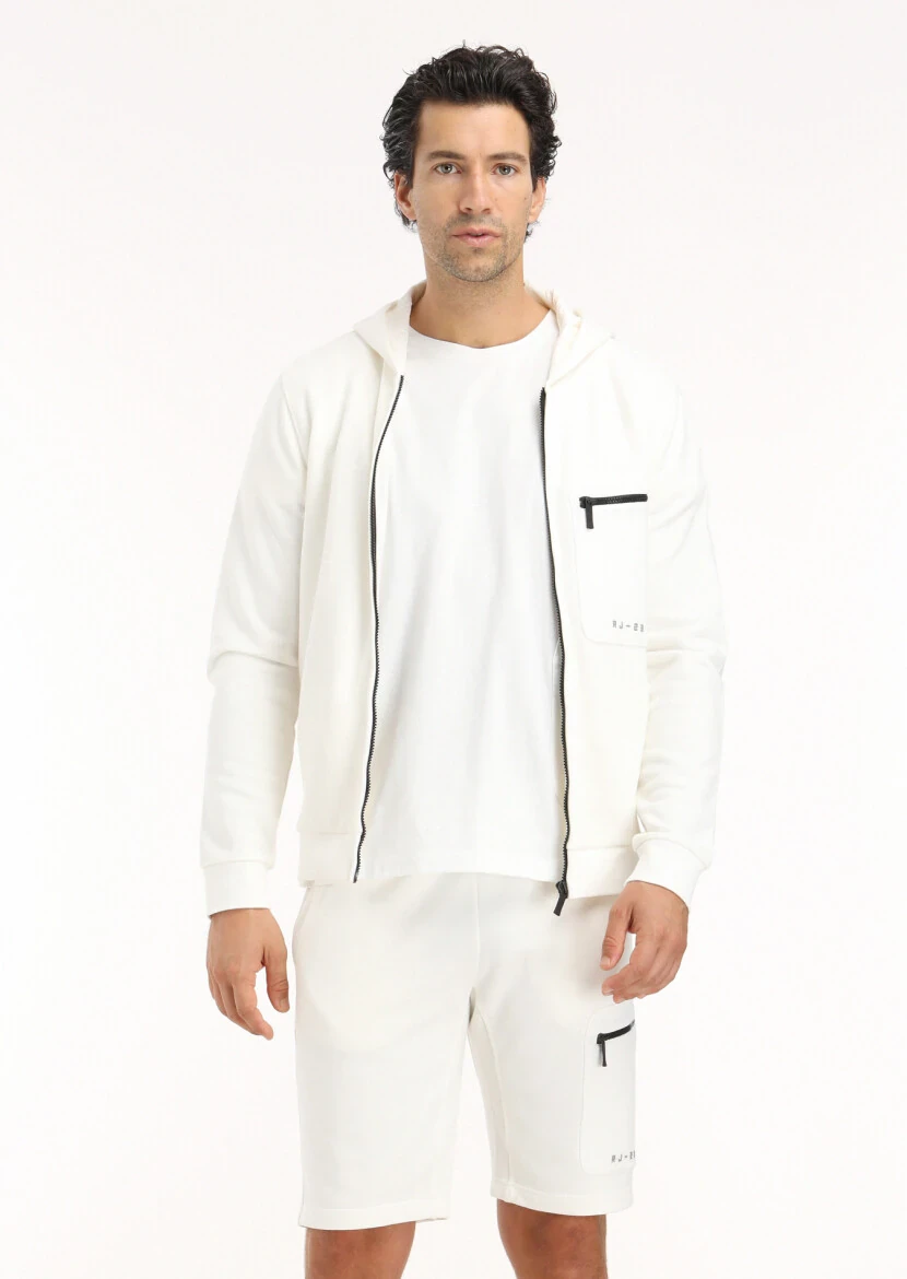 Ekru Kapüşonlu Düz Sweatshırt 