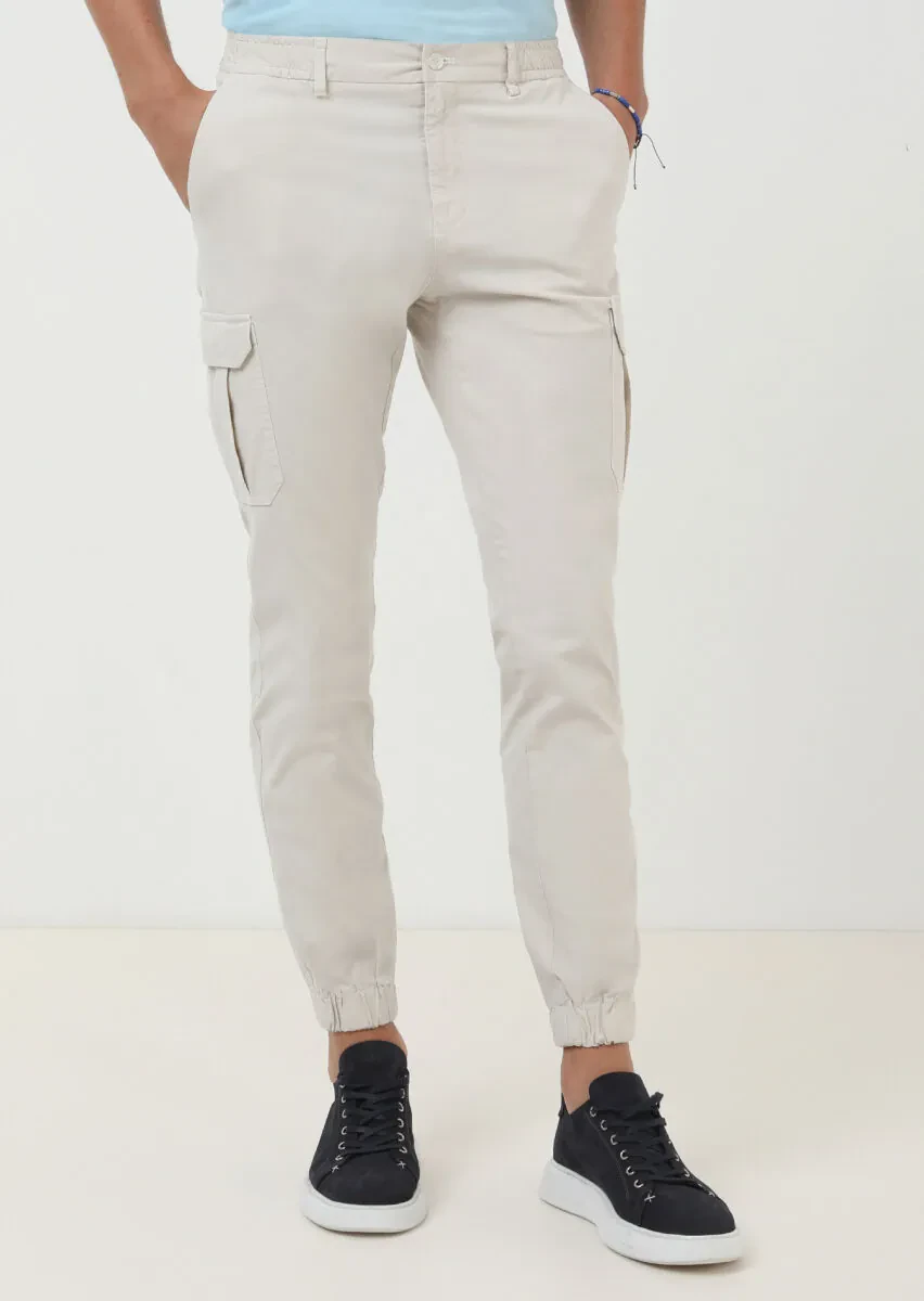 Ekru Kareli Dokuma Jogging Fit Casual Pamuk Karışımlı Pantolon - 2