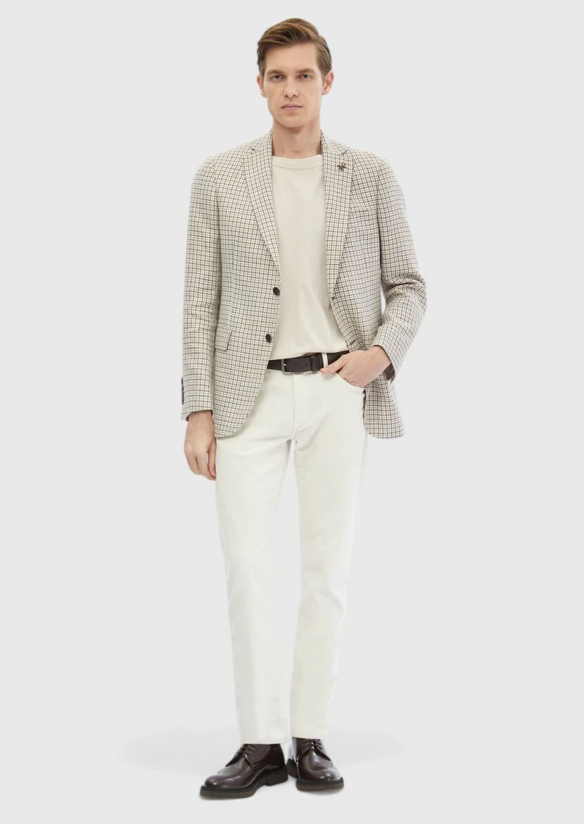 Ekru Kareli Regular Fit Yün Karışımlı Ceket - RAMSEY