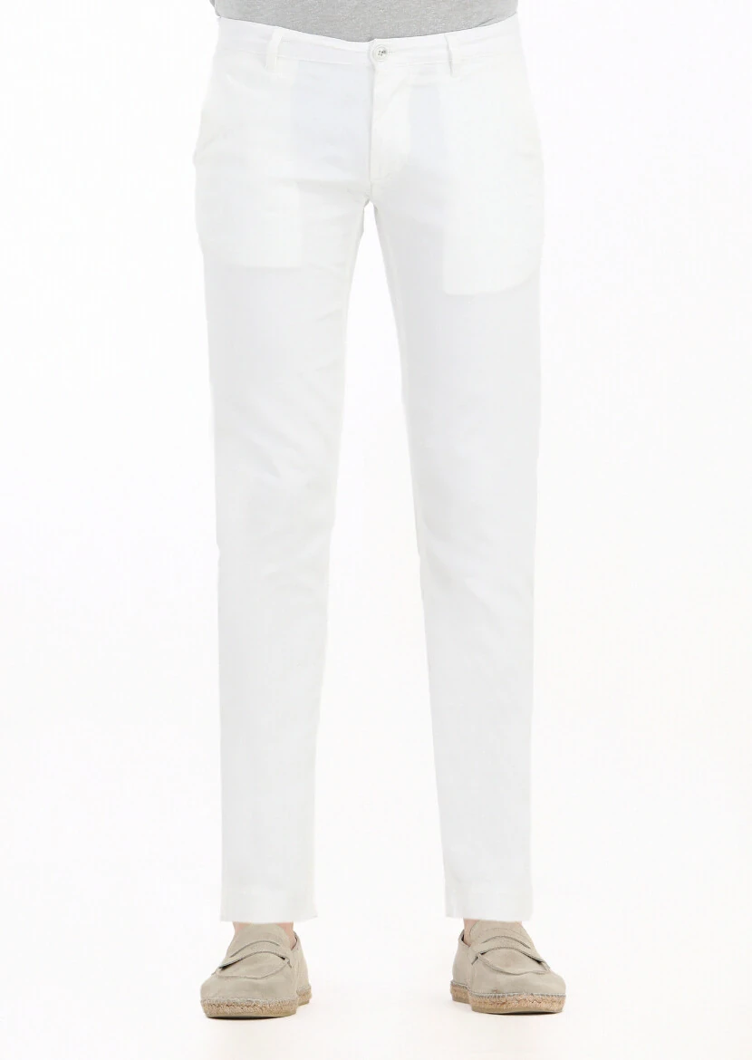 Ekru Mikro Dokuma Slim Fit Casual Pamuk Karışımlı Pantolon - 3
