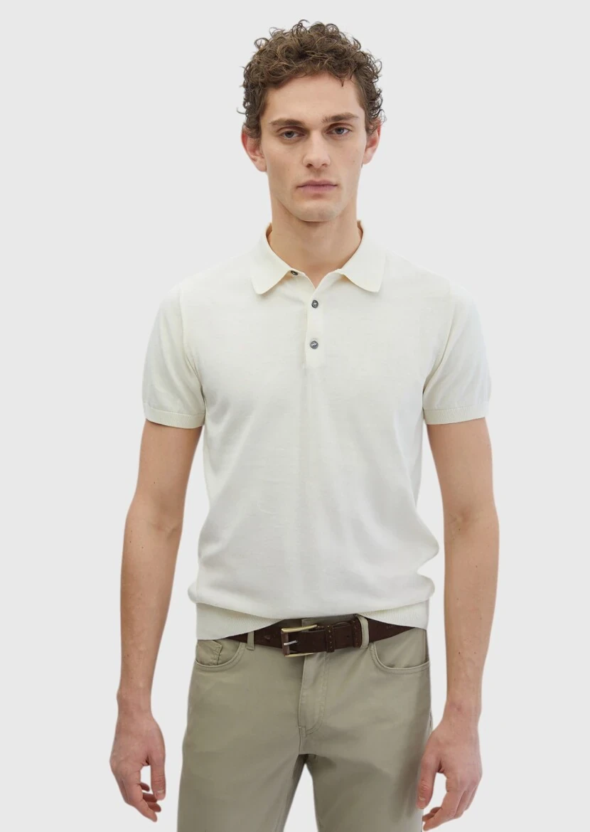 Ekru Polo Yaka %100 Pamuk Triko - 1
