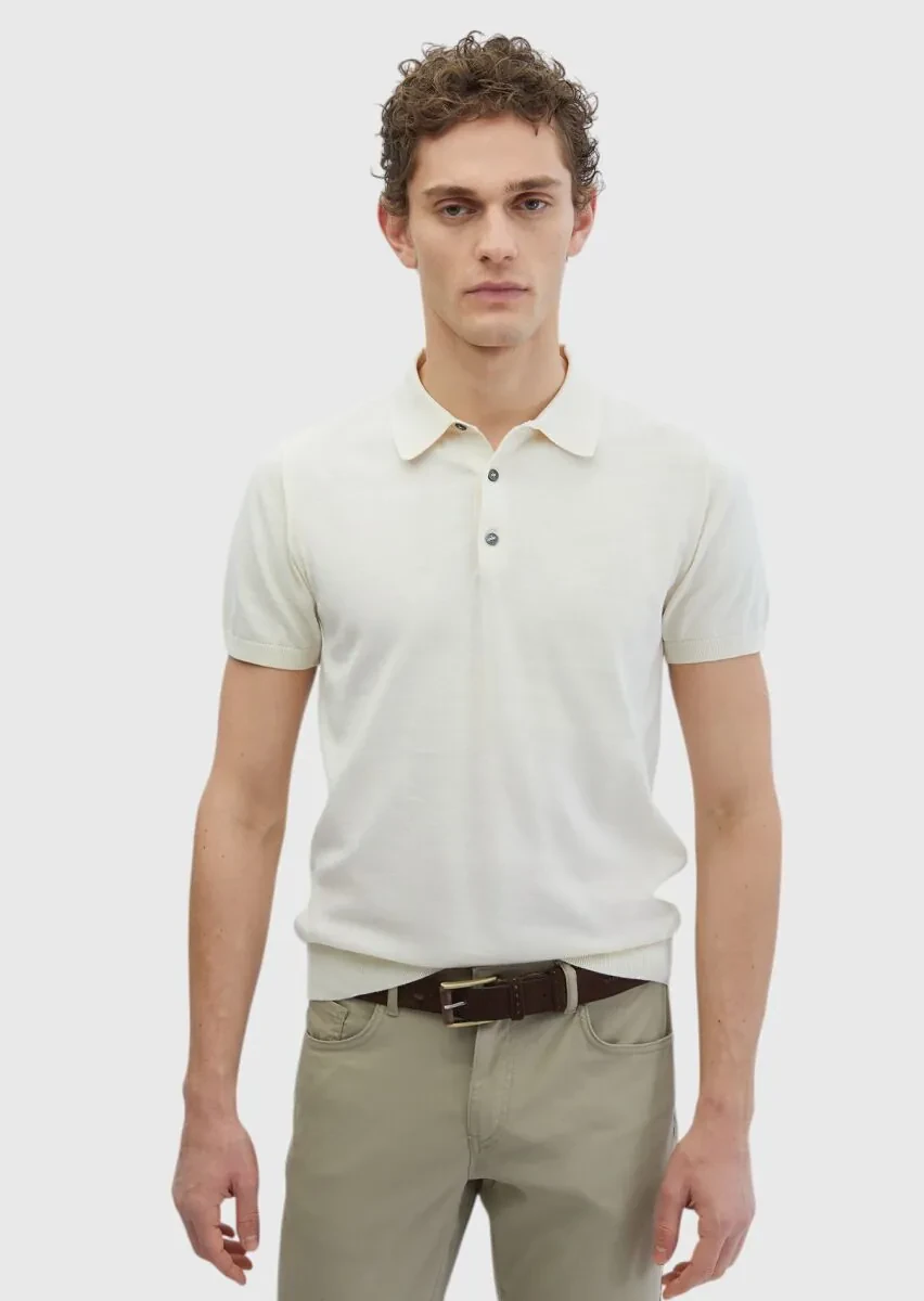 Ekru Polo Yaka %100 Pamuk Triko - 1