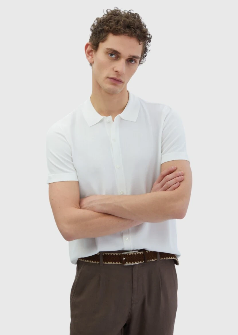 Ekru Polo Yaka Düz Örgü Hırka - RAMSEY