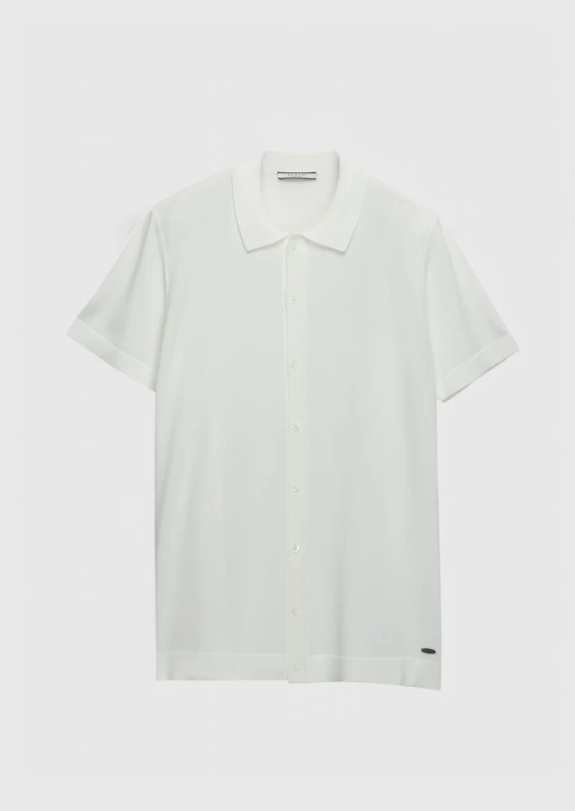 Ekru Polo Yaka Düz Örgü Hırka - 6