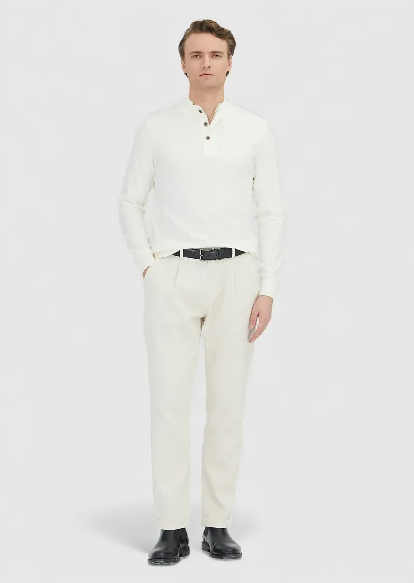 Ekru Polo Yaka Düz Örgü Triko Kazak - 2