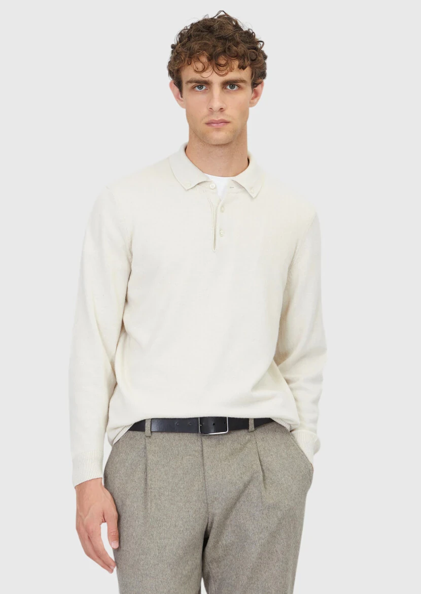 Ekru Polo Yaka Düz Örgü Yün Karışımlı Triko Kazak - RAMSEY