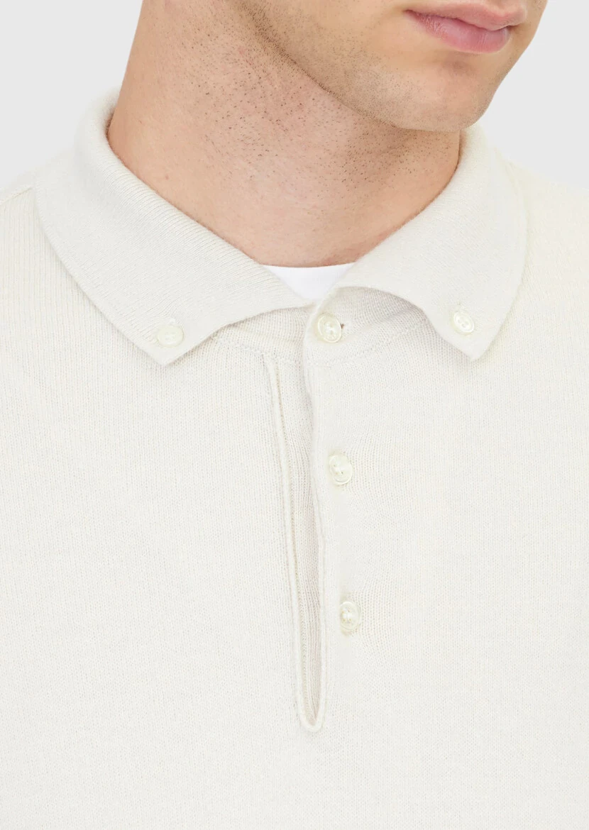 Ekru Polo Yaka Düz Örgü Yün Karışımlı Triko Kazak - 5