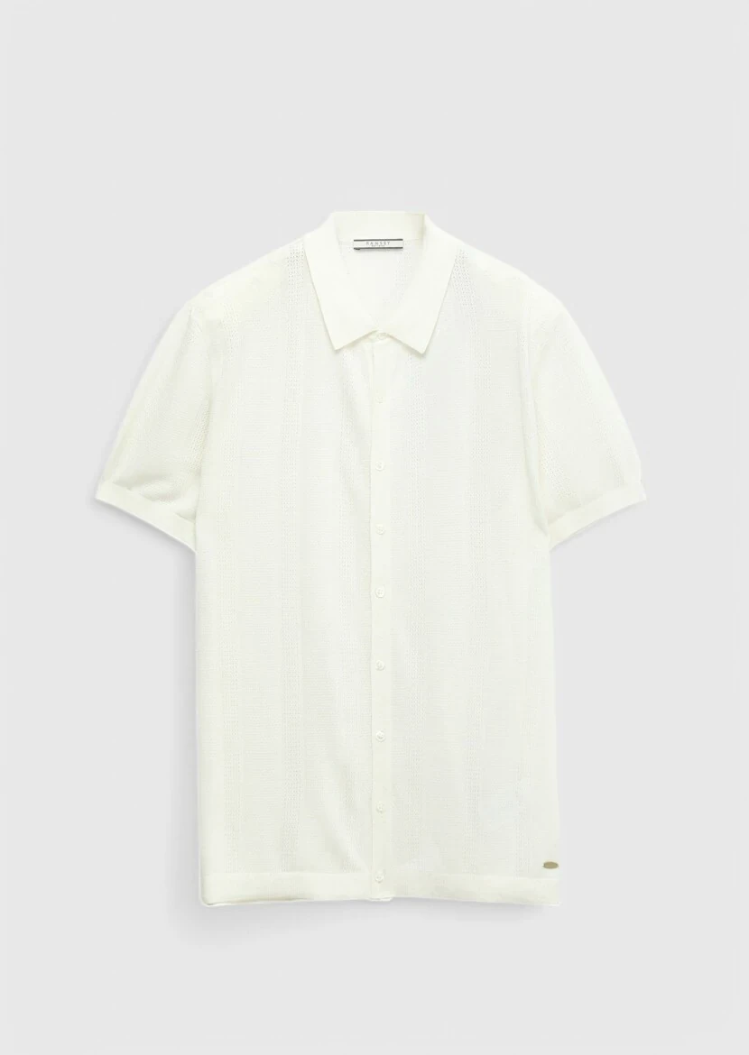 Ekru Polo Yaka Jakarlı Keten Karışımlı Hırka - 7