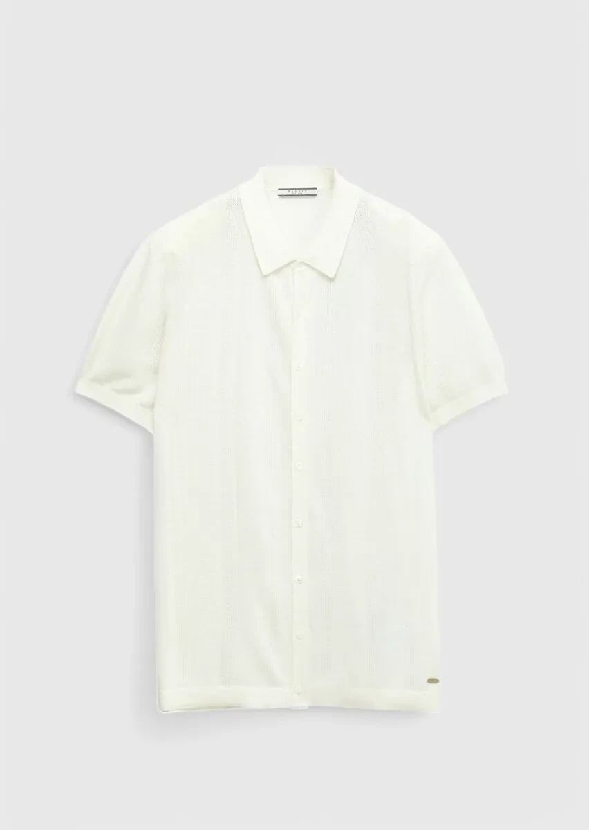 Ekru Polo Yaka Jakarlı Keten Karışımlı Hırka - 7