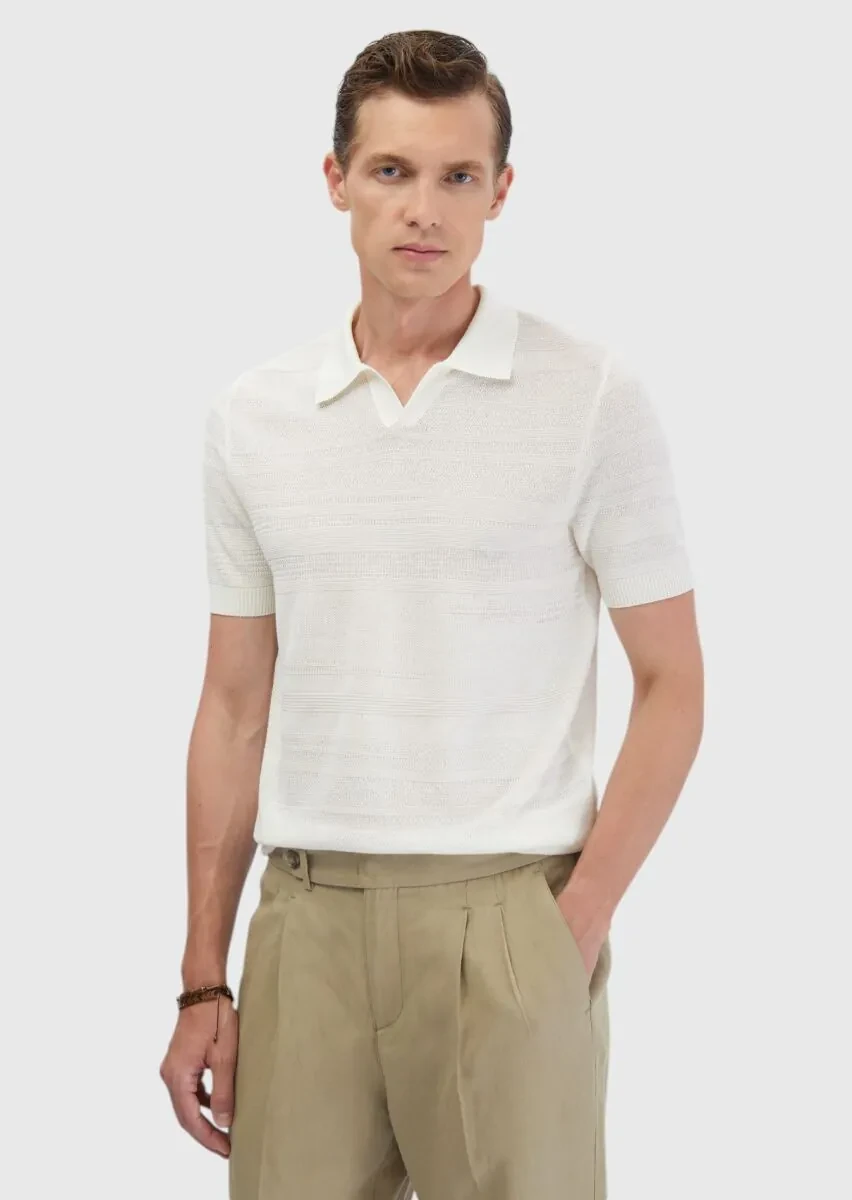 Ekru Polo Yaka Jakarlı Keten Karışımlı Triko - 1