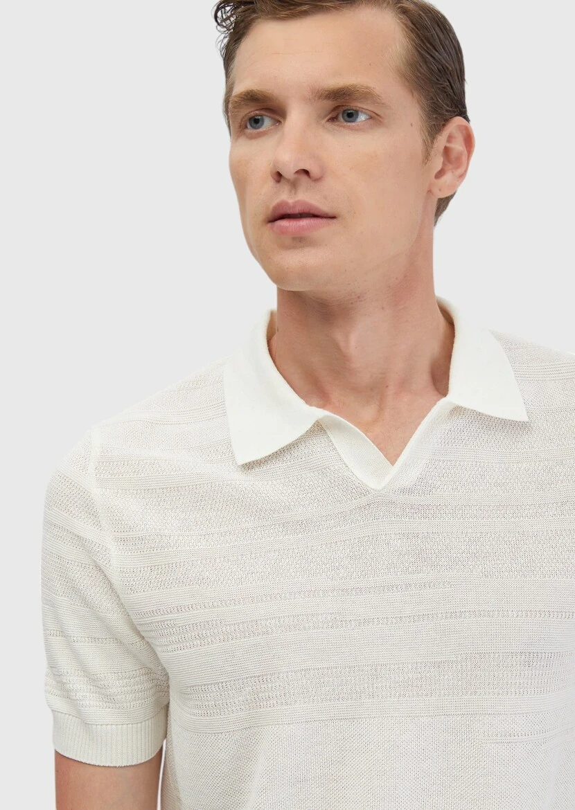 Ekru Polo Yaka Jakarlı Keten Karışımlı Triko - 4