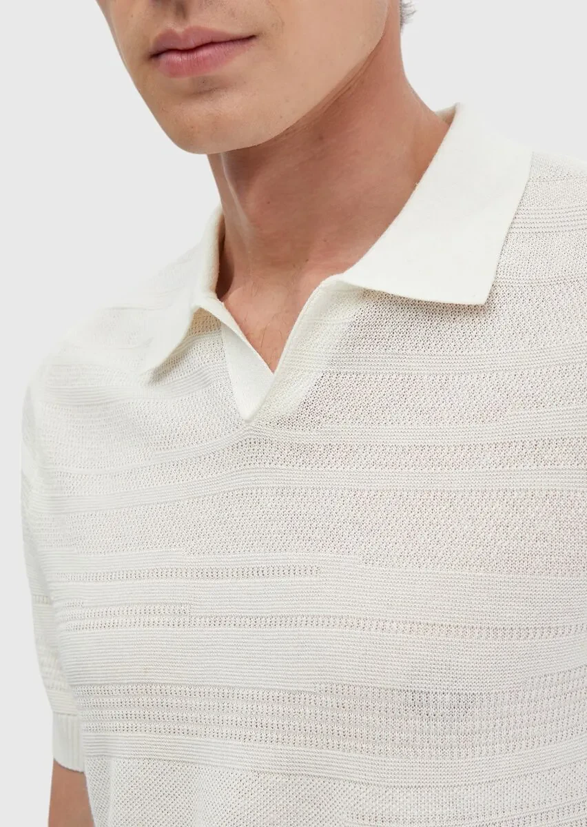 Ekru Polo Yaka Jakarlı Keten Karışımlı Triko - 5