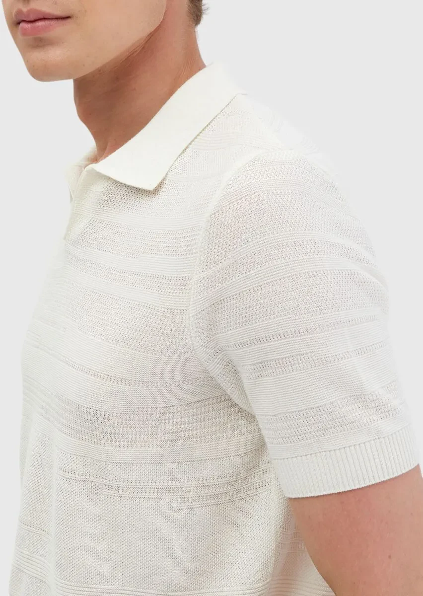Ekru Polo Yaka Jakarlı Keten Karışımlı Triko - 6