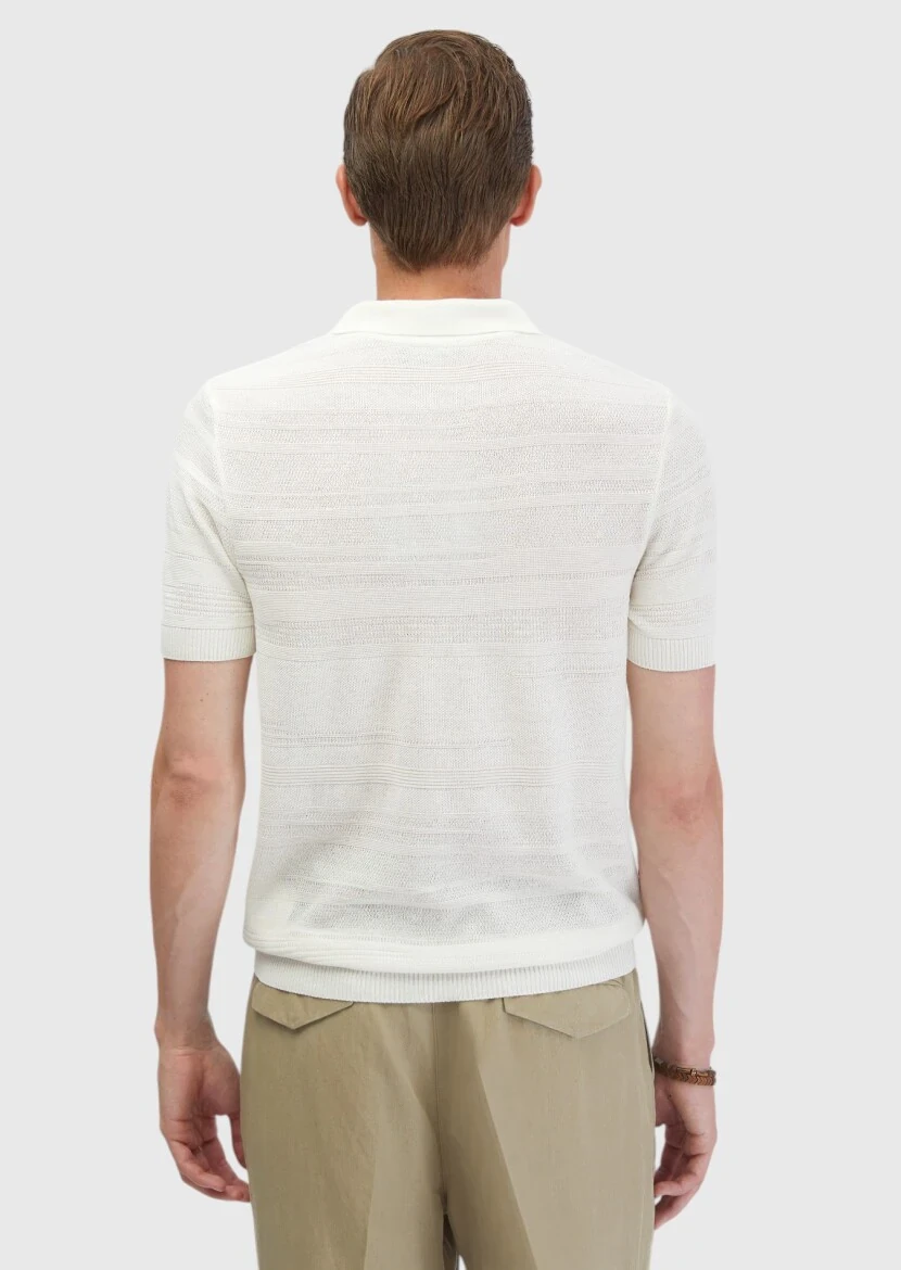Ekru Polo Yaka Jakarlı Keten Karışımlı Triko - 7