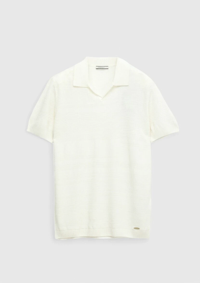 Ekru Polo Yaka Jakarlı Keten Karışımlı Triko - 8