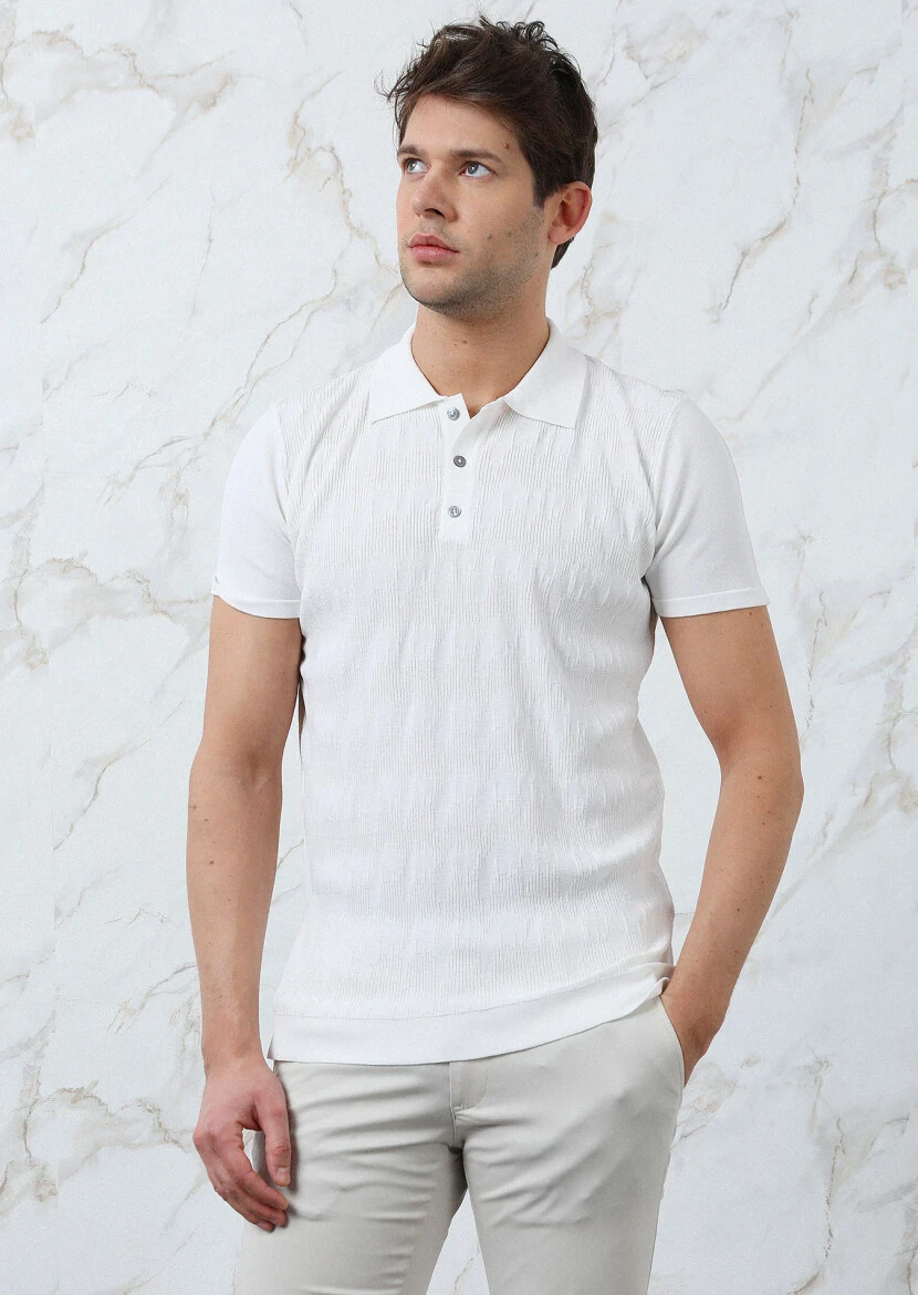 Ekru Polo Yaka Jakarlı Triko - 1