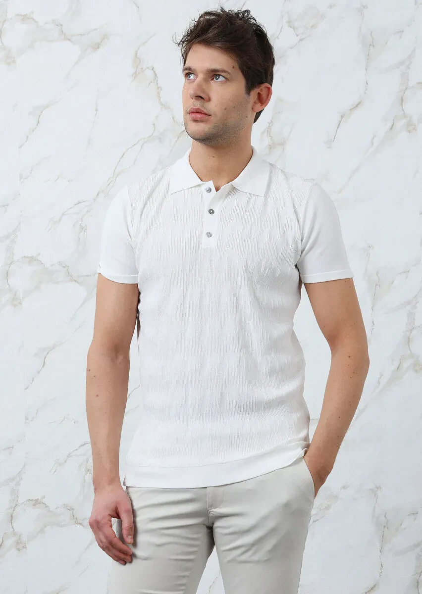 Ekru Polo Yaka Jakarlı Triko - 1